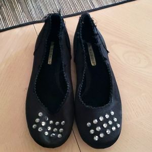 Satin Black Flats with Jewel Detail